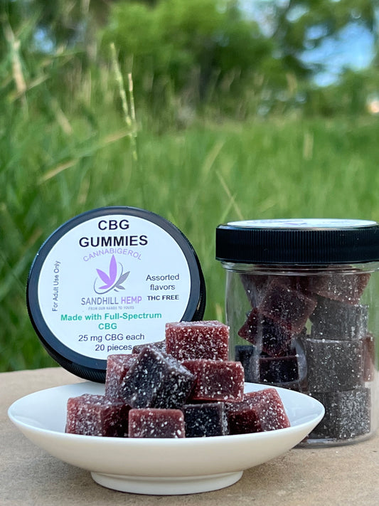 CBG, CBGA rich gummies. Full spectrum. Cold press. Our gummies help reduce stress and give you a chill, calming effect.